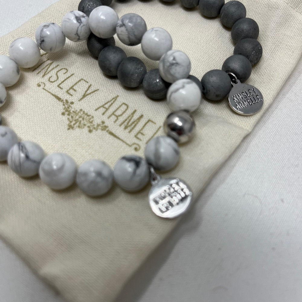 Kinsley Armelle Beaded Stretch Bracelet Set Howlite Gray Druzy 2pc w/ Tin Pouch
